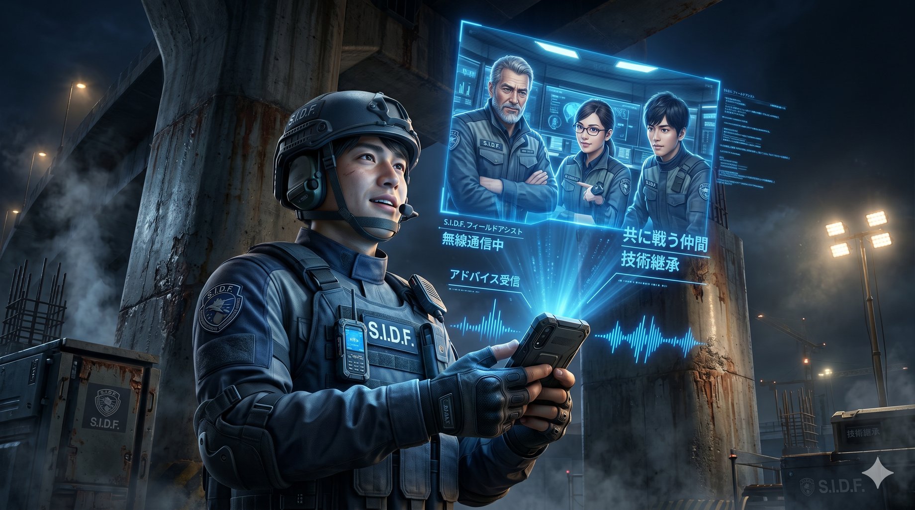 夜間建設現場でS.I.D.F.隊員がスマホから先輩隊員と無線通信し、アドバイスを受け取っているイメージ