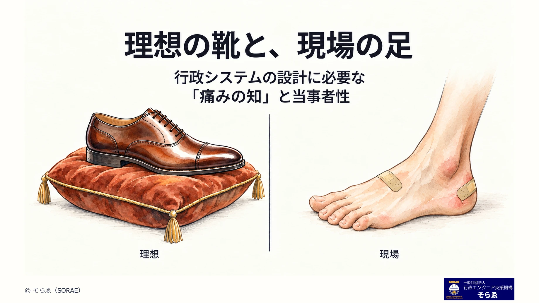 理想の靴と、現場の足(仮の入口の絵)