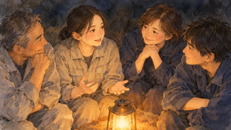 ランタンの灯りを囲み、仲間が身を乗り出して話を聞いている水彩画