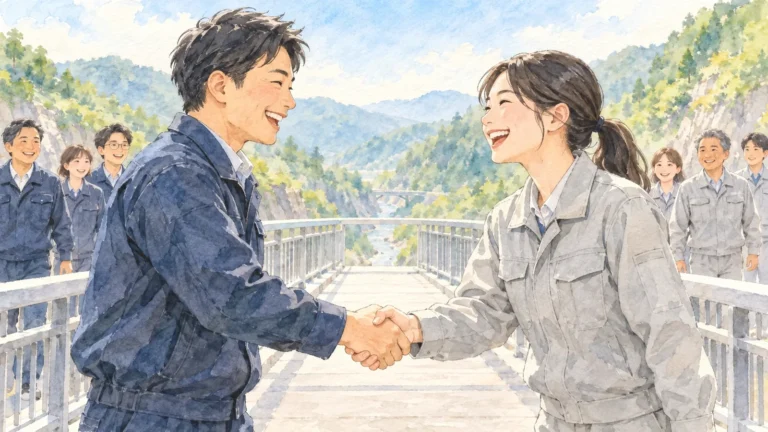 谷に架かる橋のまん中で、両側から来た職員が笑顔で握手している水彩画