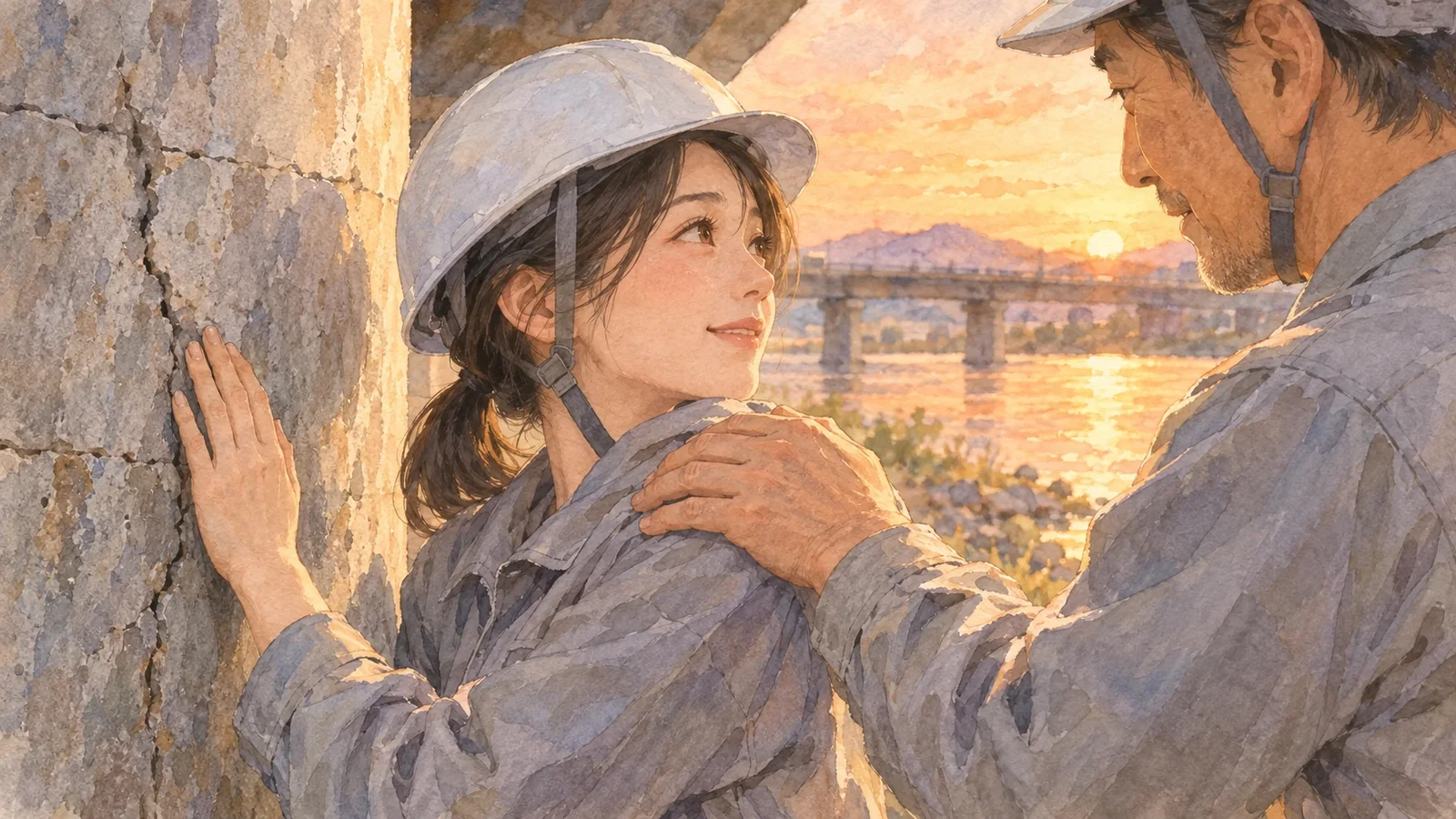 夕方の橋脚を点検する若い職員の肩に、先輩職員がそっと手を置いている水彩画